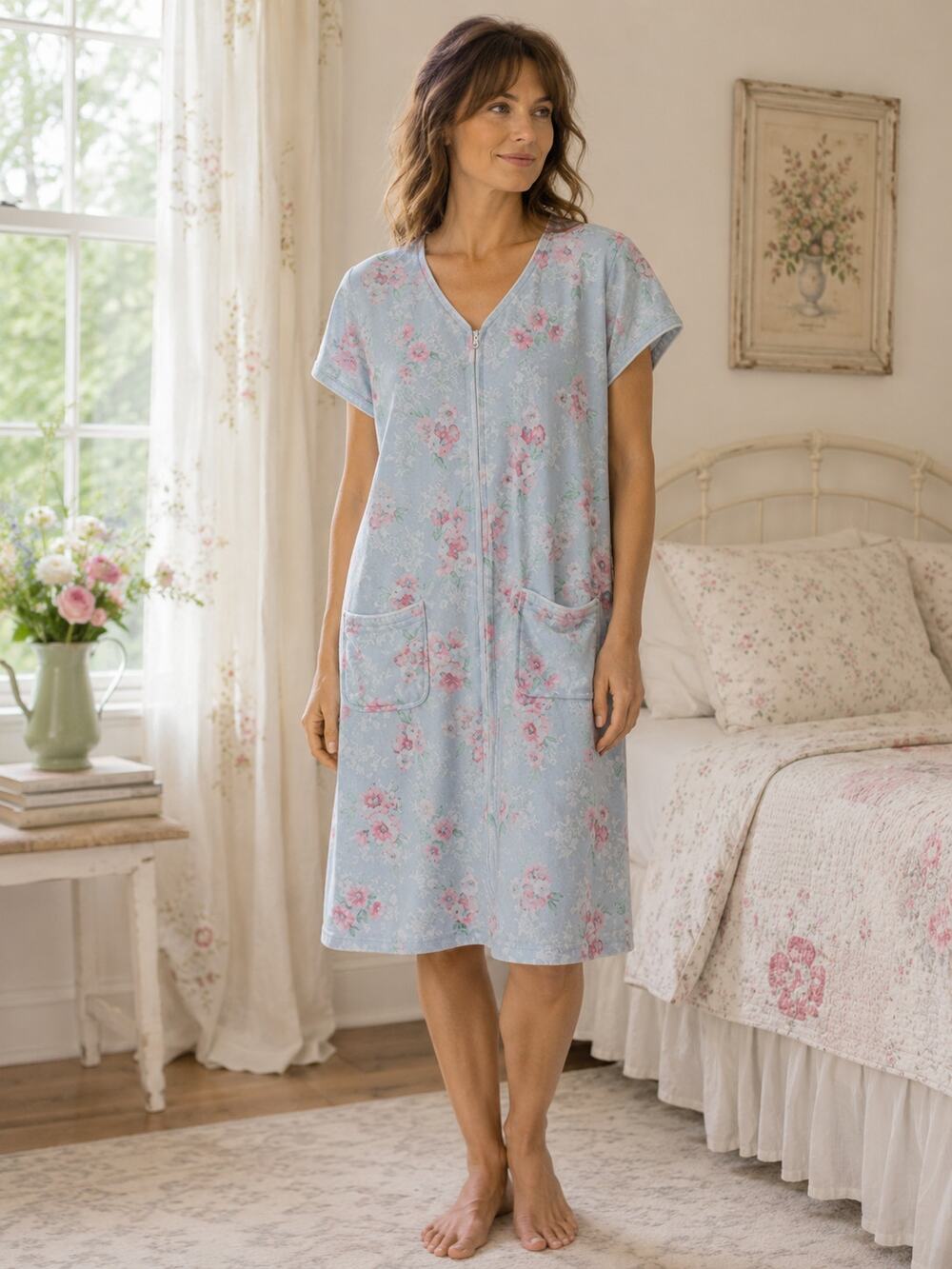 Miss Elaine Duster Womens M Blue Floral House Dress Zip Front Pockets Lounge